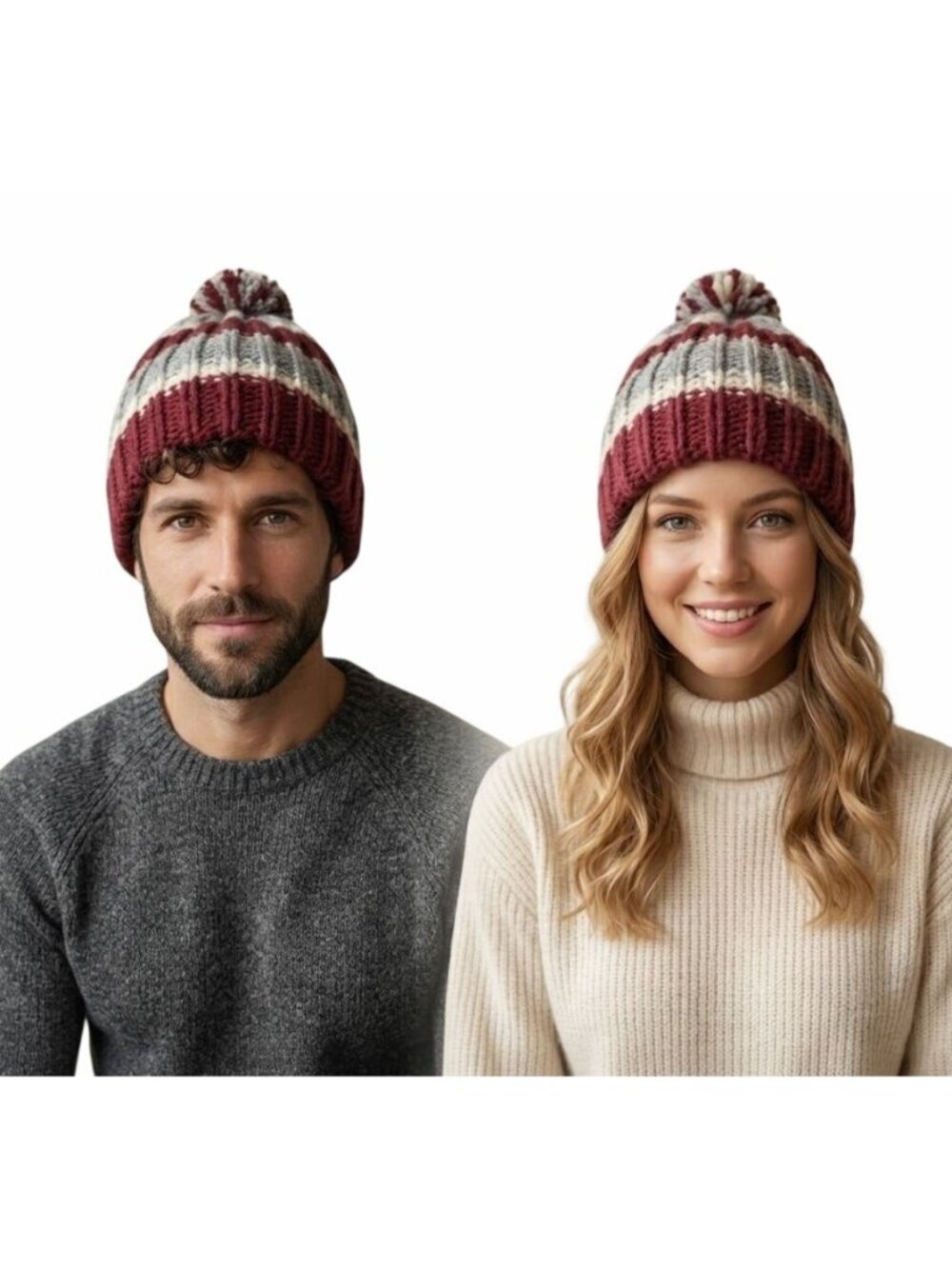 Handmade Chunky Knit Striped Pom Pom Beanie Hat Burgundy Gray Cream Adult OS